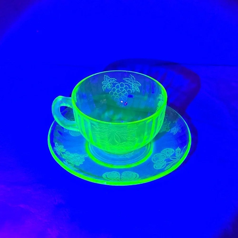Vintage Hazel Atlas Green Uranium Glass Fruit Pattern Tea Cup and Saucer Set